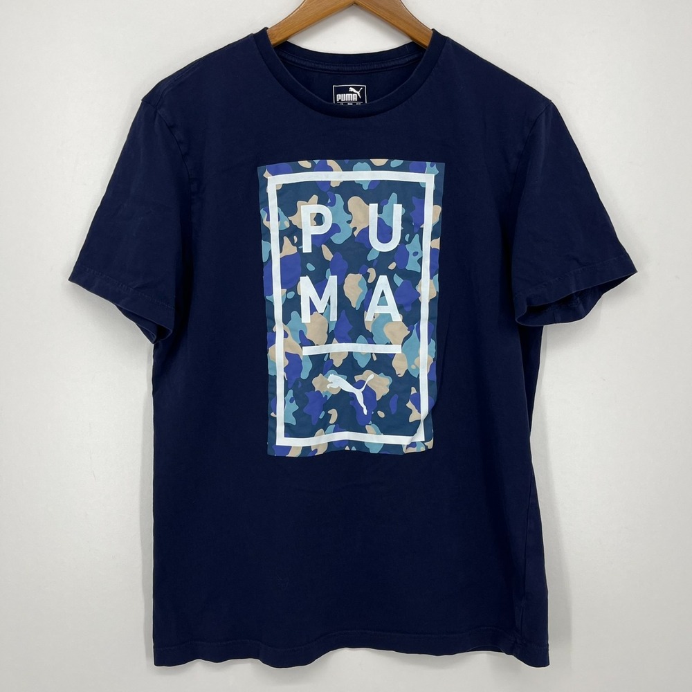 Puma T-Shirt Men's L‎ Blue Camouflage Logo Short Sleeve Crew Neck